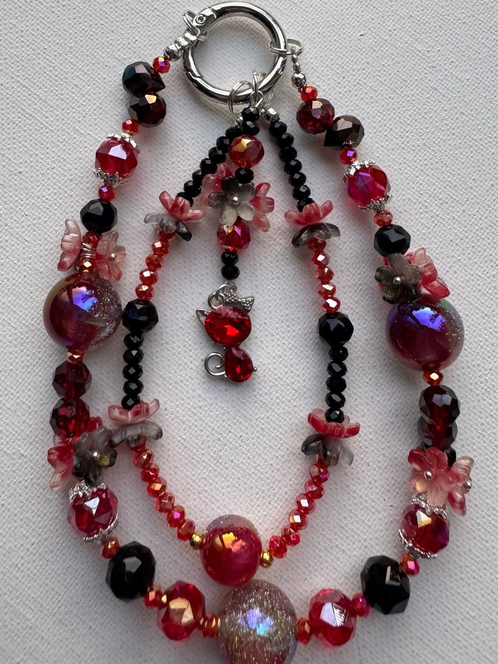 Handmade Red Crystal Cat Charm Layered Phone Charm.